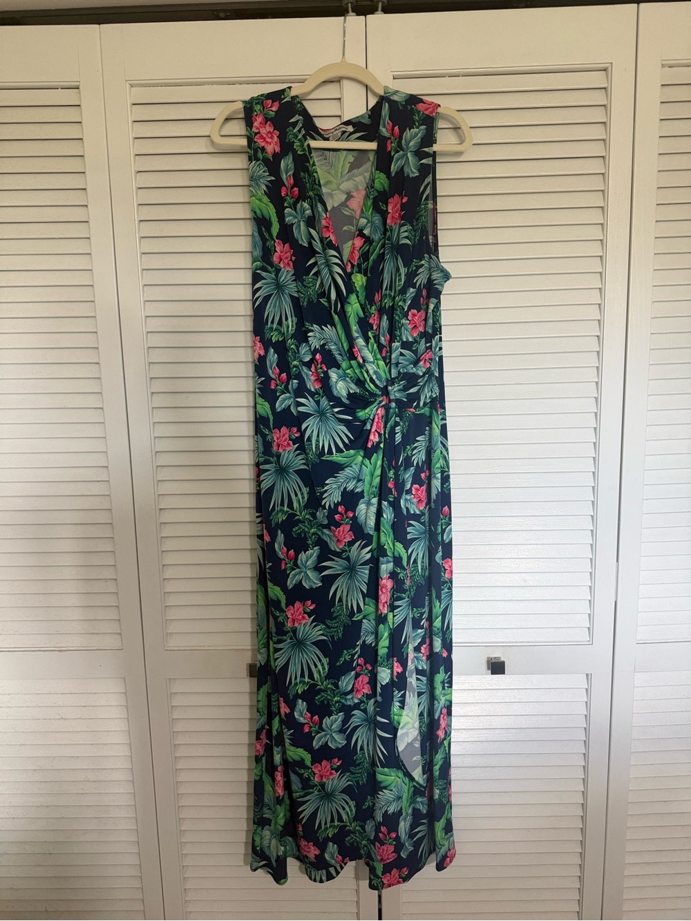 Tommy Bahama Navy Floral Wrap Maxi with Green Leaves and Pink Blooms